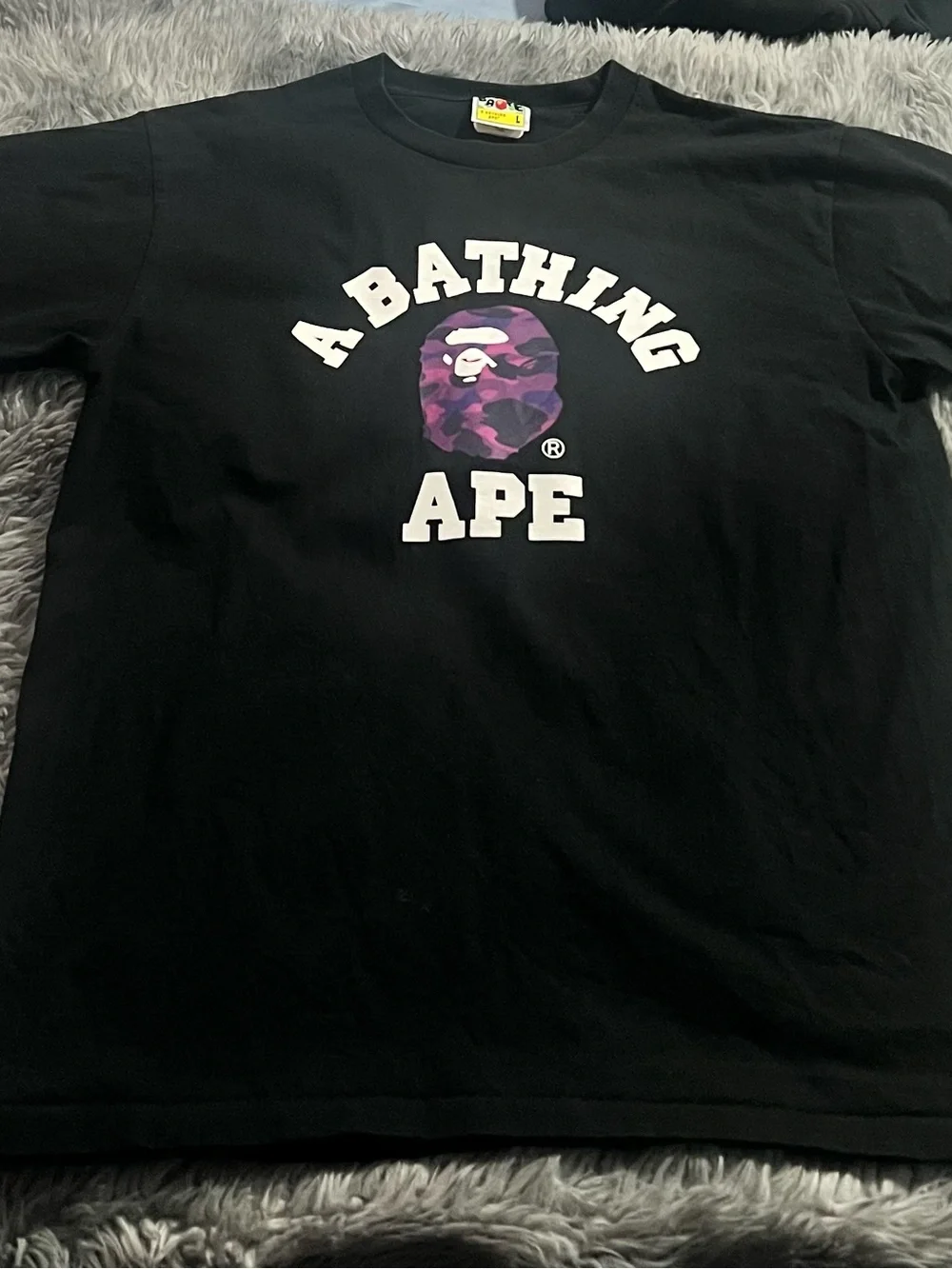 Bape Black Tee with Purple Camo Ape Head and White Arch Logo